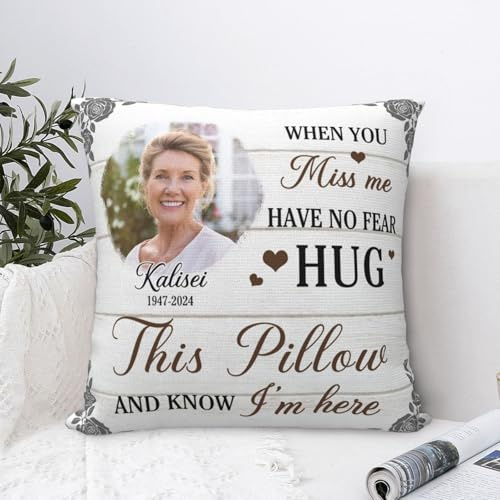 Fheujggdf When You Miss Me Hug This Pillow,Personalized Memorial Pillows with Pictures for Grandma Grandpa, Sympathy Gifts for Loss of Loved One, Loss of One Sympathy (Pillow-01)