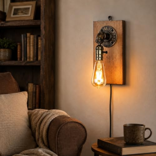 Alpinaluz Wandleuchte E27 mit Kabel, Stecker und Schalter Vintage | Basis aus Naturholz und Metallrohr in Antikoptik, Retro-Industrial-Stil für Schlafzimmer, Wohnzimmer, Bar und Café