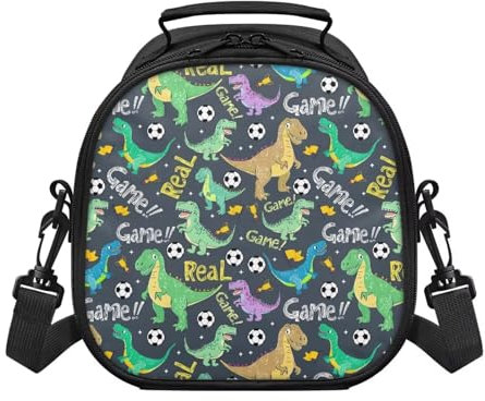 Yspwyqan Borsa termica per il pranzo con dinosauro e calcio, borsa termica per bambini, lavabile, in poliestere leggero, impermeabile, con stampa carina, 21 x 22 x 13 cm, per la scuola