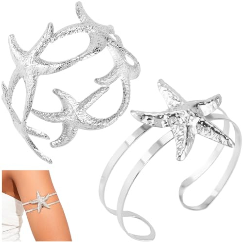 CABODYALS 2 Stück 2 Stile Silbernes Seestern Muschel Armband Boho Sommer Strand Seekoralle Oberarm Armreif Offene Spule Verstellbarer Metall Armschmuck Für Frauen Partykleid Kostümzubehör