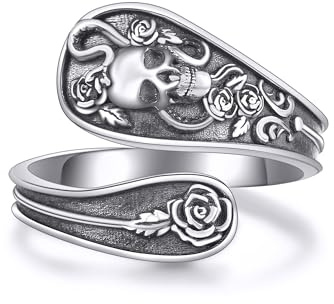 URONE Skull Snake Spoon Ring Sterling Silver Gothic Skeleton with Rose Flower Adjustable Thumb Ring Punk Jewellery for Women