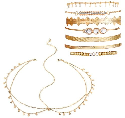 Qiblaou Armbänder Damen Set 8 Stück Boho Armreifen Modeschmuck Metall Verstellbar Goldene Kopfbedeckung Quaste Haarkette,Geeignet für Party Karneval, Festival Schmuck
