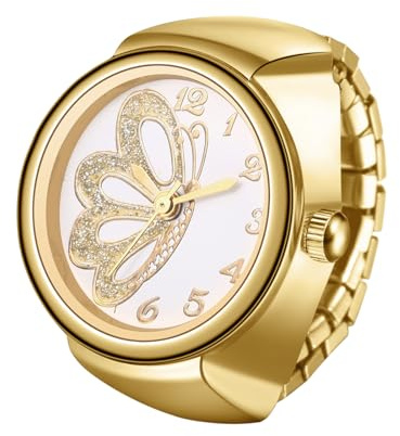 JewelryWe Ringuhr Damen Elastische Fingeruhr Gold Analog Quarz Ring Uhr Edelstahl Stretchband Fingerringuhr Uhrenring mit Zugband