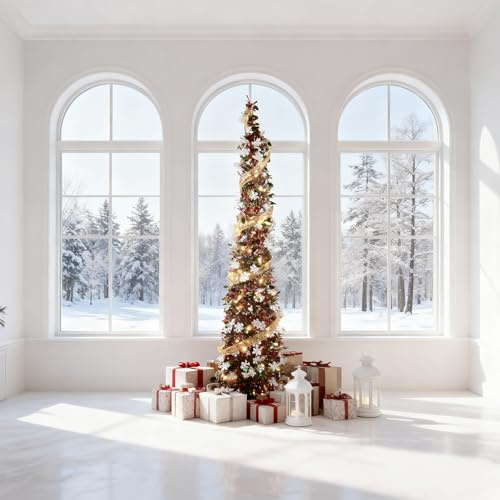 Albero di Natale Pop Up Slim pieghevole 150 cm verde e rosso con paillettes fiocco di neve – Albero artificiale veloce per decorazioni natalizie in casa, ufficio, appartamenti, feste