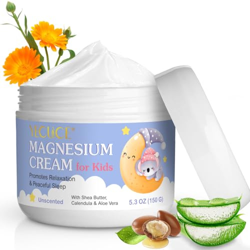 Crema di magnesio per bambini, crema di magnesio naturale per un buon sonno con burro di karitè, calendula e aloe vera, applicare su gambe, braccia o petto, assorbe rapidamente – 150 g