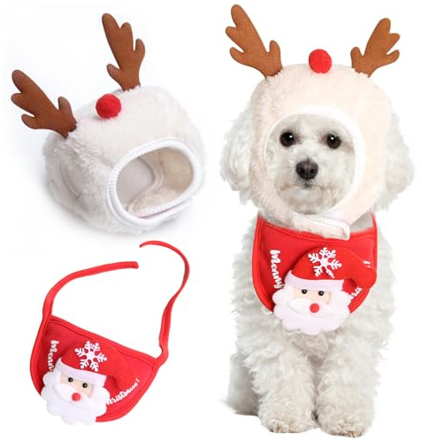 shallyong 2 Pezzi Vestito Natale Set Cane e Gatto, Vestito Natalizio per Cani Piccoli e Gatti, Costume da Renna Bianca, Natalizio Vestiti Regalo, Regalo Natale Animali Domestici (Bianco)