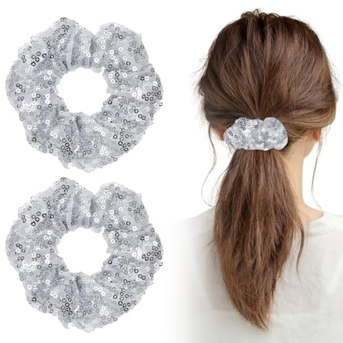 Coletero Lentejuelas Mujer, 2 Piezas Gomas Para El Cabello Lentejuelas, Goma de Pelo Brillante, Coletero de Purpurina, Accesorios para el Cabello Niñas, para Uso Diario y Fiesta (Plata)