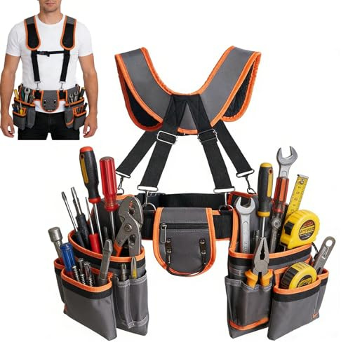 Werkzeuggürtel Verstellbar mit 18 Taschen, 3 Abnehmbaren Taschen | 70–168 cm Verstellbarem Trägergurt - Robustes Oxford-Gewebe Reparaturwerkzeugset für Elektriker, Zimmerleute, Gärtner
