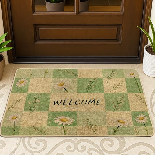 Zerbino con crisantemo, primaverile verde naturale floreale verde primavera in gomma antiscivolo zerbino per pavimento decorazione esterna per porta d'ingresso patio 73 x 43 cm