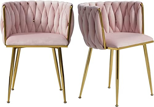 Elegantes y modernas sillas de comedor de terciopelo con patas doradas, asiento tapizado tejido para cocina, comedor, sala de estar y tocador, opción de color rosa