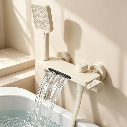Umisu Grifo de Bañera Mural con Ducha de Mano, Mezclador de Bañera con Rociador Manual, Manguera de Ducha de 1,5 m y Soporte Integrado, Grifo Cascada con 4 Modos de Chorro, Blanco