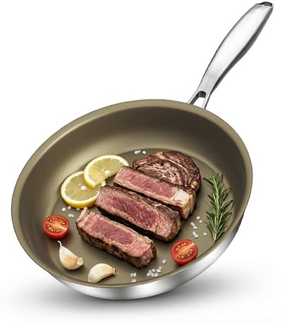 Abijan Non Stick Titanium Frying Pan 28cm, 18/10 Stainless Steel Frying Pan | Titanium Coating, PTFE & PFOA Free, 3-Ply Structure, Suitable for All Hobs, Ergonomic Handle, Oven & Dishwasher Safe