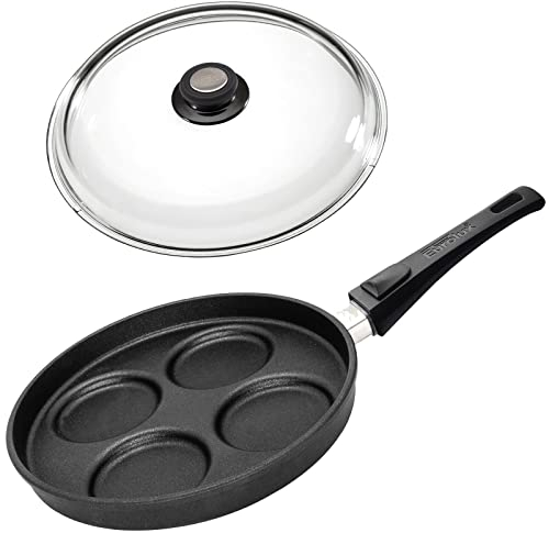 Eurolux Spiegelei Pfanne Ø 26 cm Induktion Set mit Glasdeckel - induktive 4-Loch-Augenpfanne Aluguss - Muldenpfanne mit abnehmbaren Stiel & Antihaft-Beschichtung - Made in Germany