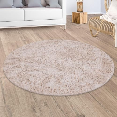 Paco Home Hochflor Teppich Rund Wohnzimmer Schlafzimmer rutschfest Shaggy Modern Flauschig Einfarbig Langflor Kunstfell, Grösse:160 cm Rund, Farbe:Creme