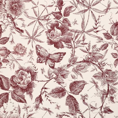 LOVADA Peel and Stick Drawer Liner Contact Paper Wallpaper Removable Self Adhesive Vintage Rose Floral Butterfly Sketched Design for Dresser Cabinet Shelf Renter Friendly Burgundy Red Maroon 40*500cm