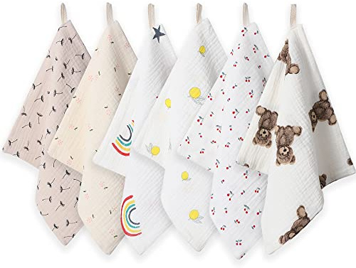 Norinori Baby Washcloths Muslin Cloths - Muslin Squares Hanky Soft Reusable Newborn Face Towels 6Pack 100% Cotton 10X10 6Layers Baby Wash Cloths for Boys Girls Great Shower Gift
