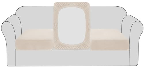 BellaHills Velvet Stretch Sofa Seat Cushion Covers Couch Cushion Covers Modular Seat Covers Furniture Protector Sofa Seat Cover with Elastic Bottom(3 Pieces, Ivory)