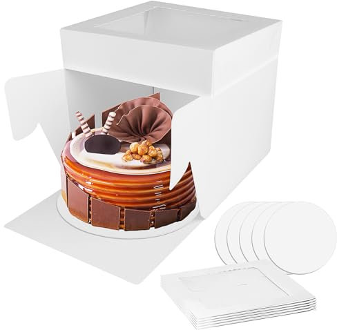 Nuyoah Boite a Gateau Carton Transportable 30x30x20cm 5Pcs Blanc Boîtes de Transport pour Gâteaux en Carton avec Fenêtre et Planche à Gâteau pour Transporter et Conserver des Gâteaux Décorés