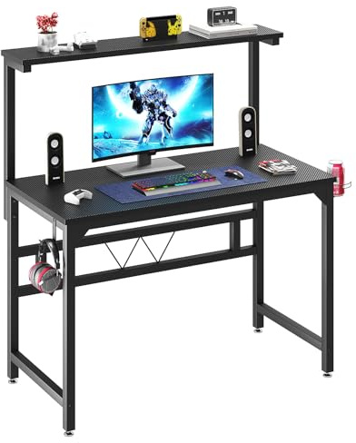 TREETALK Gaming Desk,100CM Industrial Writing Desk with Height Adjustable Monitor Stand to 5 Position(84.5-120cm), PC Laptop Workstation with Headphone Hook and Cupholder for Home Office Black