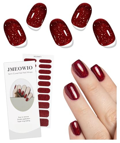 JMEOWIO Autocollants pour ongles en gel semi-durci - Rouge foncé Paillettes de Noël - UV/LED - Accessoires de décoration