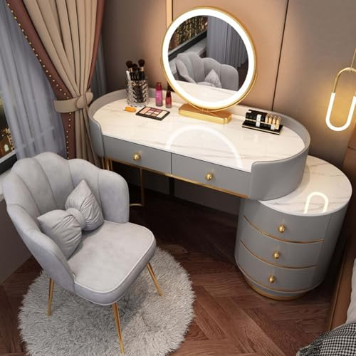 Set di Scrivania Vanity, Tavolo da Camera da Letto Vanity Table con Specchio Rotante a LED e Luci, Tavolo da Trucco con Cassetti di Stoccaggio e Sgabello, Tavolo da Camera da Letto per Ragazze/Donne