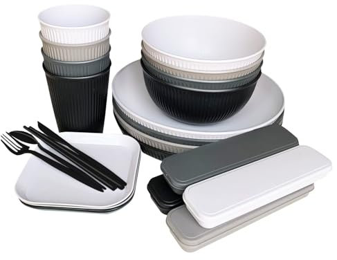Camping Plates, Unbreakable Dinner Sets for 4, 36 Pcs Plastic Picnic Set for Party, Home & Picnic, Lightweight Microwave & Dishwasher Safe Camping Cutlery for Kids and Elderly (1, Black&White&Gery)