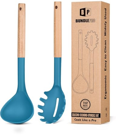 Ensemble fourchette à pâtes et louche en silicone avec poignée en bois, résistant à la chaleur, ustensiles de cuisine antiadhésifs pour cuisiner, remuer, servir des spaghettis, soupe, sauce (bleu)