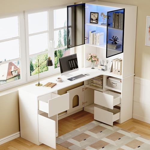 Libreria con vetrina e LED, 120 x 80 x 180 cm, scrivania angolare con passacavi, 3 cassetti, 2 ante e scomparti aperti, ideale come libreria, vetrina da esposizione e scrivania in un unico