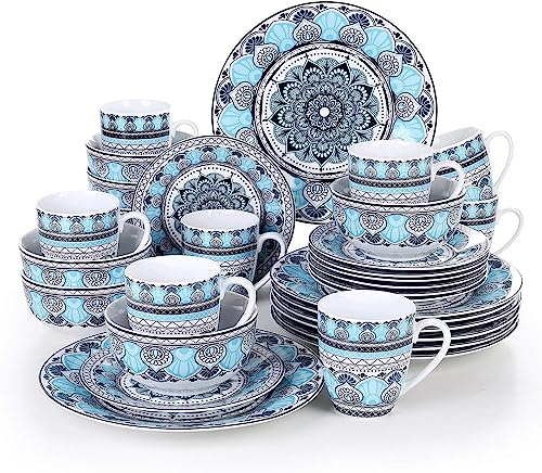 VEWEET, série AUDRIE, Service de Table Complet en Porcelaine, 32 pièces pour 8 Personnes, 8 Assiettes Plates, 8 Assiettes à Dessert, 8 Bols, 8 Tasses, Style Marocain