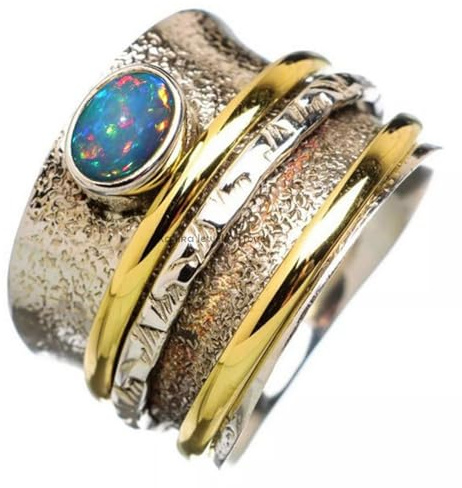 Äthiopischer Opal Spinner Ring, Drei-Band-Ring, Angst Ring, strukturierter Sterling Silberring, Statement Ring