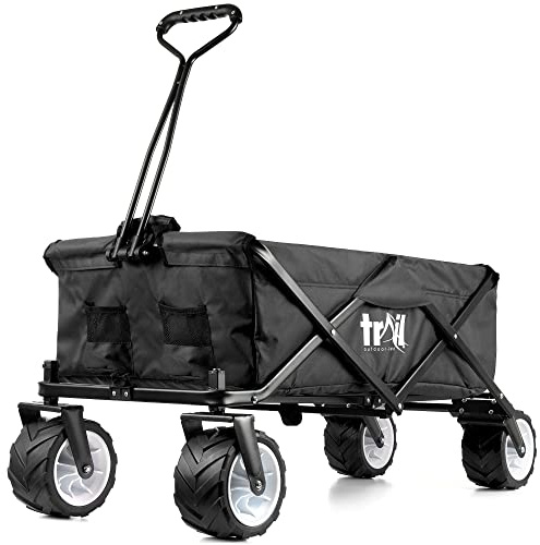 Trail Beach Trolley Cart Folding Camping Festival Wagon With Pull Along Handle, All Terrain Wheels, Drink Pockets, 60KG Capacity (Black)