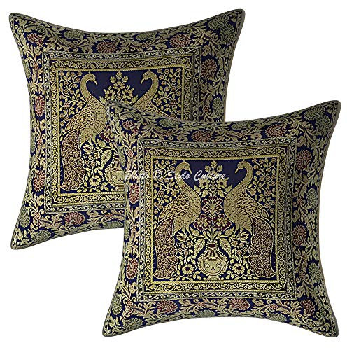 Stylo Culture Ethnico Funda Almohadon Decorativos 40x40 cm Brocado De Seda Pavo Real Fundas para Almohadones Sofa Azul Marino Jacquard Cuadrado Cremallera Fundas para Cojines De Cama - 2 Pcs