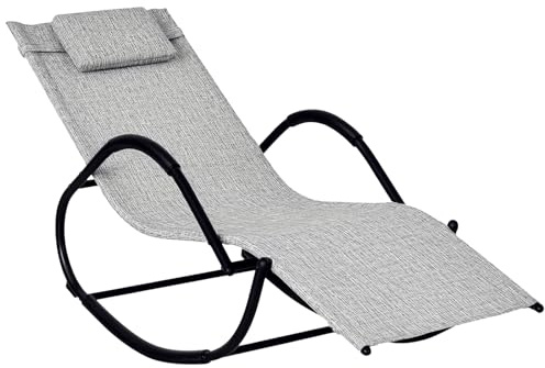 Outsunny Rocking Sun Lounger, Garden Rocking Chair Zero Gravity Lounge Chair, Outdoor Patio Recliner with Padded Pillow and Steel Frame, Grey