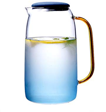 Jarra de cristal con tapa, jarra de cristal para nevera jarra de agua de vidrio para zumo de agua, té, café, bebida caliente con mango dorado, vidrio de borosilicato, 1,5 litros, azul