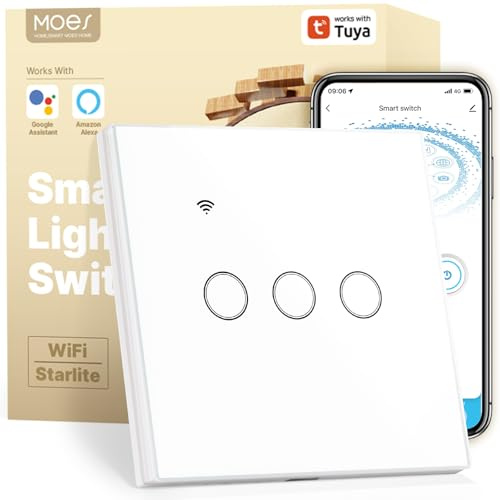 MOES WLAN Smart Touch Lichtschalter 2 Fach,ohne Neutralleiter | Wifi Touch Schalter mit Speicher nach dem Ausschalten, Smart Life/Tuya app, Kompatibel mit Alexa und Google Home, 1 Wege
