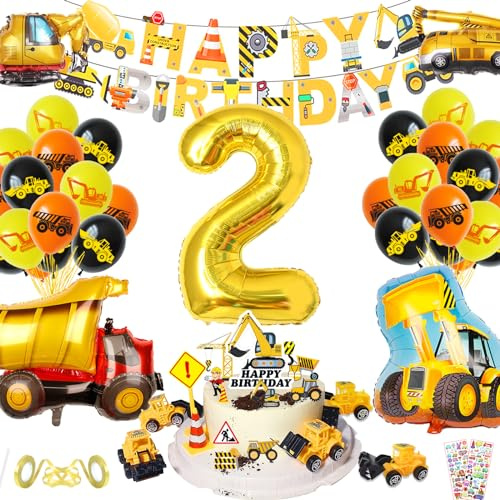 Bagger Happy Geburtstag XXL Set, Baustelle Jungen 2. Geburtstag mit Bagger und Banner, Folienballon 2 Jahre