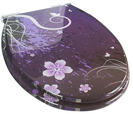 LYLFF Harz Toilettensitz, Lila Blume 3D-Effekt-Schwerlast-Verlangsamter WC, Edelstahl Einstellbares Scharnier, Geeignet for O/V/U Toilette