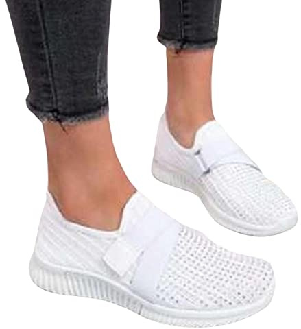 Gereton Zapatillas De Deporte Informales para Mujer, Sin Cordones, con Diamantes De Imitación, Ligeros, Transpirables, para Caminar, para Correr, De Verano, De Malla Transpirable, Blanco, 38 EU