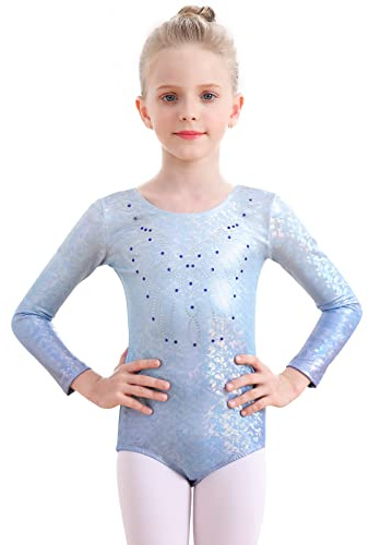 Monbessi Gymnastiktrikåer för flickor, långärmade, gnistrande trikåer för dans, balett, rund hals, gymnastikkläder 5-12 år, BLÅ, 140 (135-145cm, 11-12 Years)