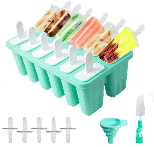 Antihaftende Eisformen Silikon mit Silikontrichter und Reinigungsbürste | 12 Hohlräume Eis Am Stiel Formen, Antihaftende DIY Eisformen Eis am Stiel Spülmaschinenfest BPA-frei