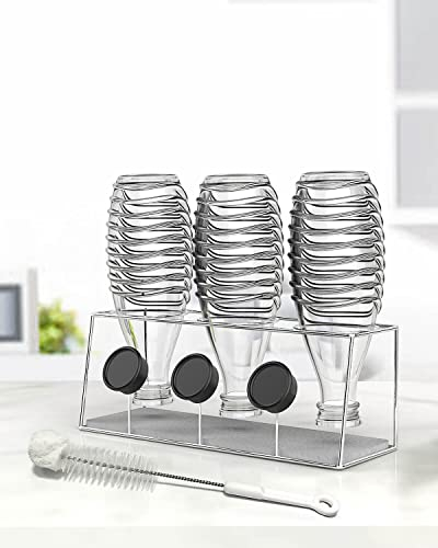 Howdah Scolabottiglie Portabottiglie per SodaStream da Cucina in Acciaio Inox per 3 Bottiglie di Soda e Tappi di Bottiglia con Diatomee Assorbenti ad Asciugatura Rapida e Spazzola, Argento
