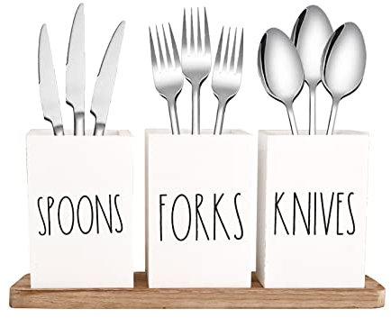 CHONIC Farmhouse Besteckhalter, rustikaler Holz-Besteckbehälter mit Tablett, Löffel, Gabel, Messer, Besteckspender, Utensilien, Kunststoff-Besteckhalter für Küche, Party (weiß)