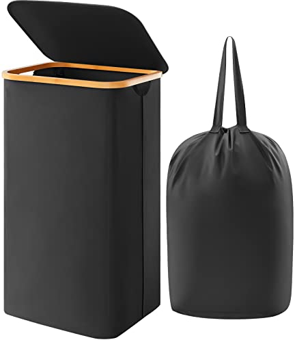 Lifewit 100L Wäschekorb mit Deckel, Wäschekörbe für Wäsche mit Bambus Griffe und Eine Abnehmbare Wäschesack, Große Faltbare Wäschekorb für Schlafzimmer, Bad, Schlafsaal, Waschküche, Schwarz