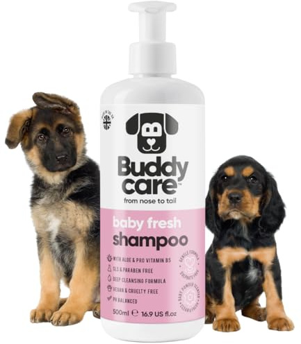 Buddycare Baby Fresh Dog schampo från - schampo för möffiga hundar från 8 veckor - babypuder-doftande valpschampo med aloe vera och provitamin B5 (500 ml)