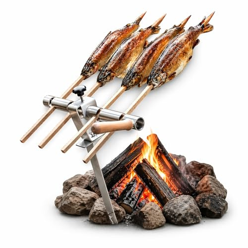 Steckerlfisch Halter 4 Buchenholzspieße für Lagerfeuer