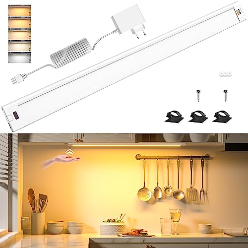 WOBANE Led Sottopensile Cucina 60 cm con Sensore Senza Contatto, Luce Armadio Bianco Caldo e Freddo 2700-6000K Dimmerabile, 5 Modalità di Colore, Luce Led Cucina con Presa per Sotto Mensola,Vetrine