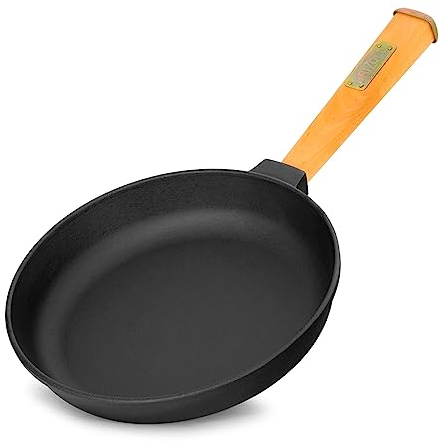 4BIG.fun Padella in ghisa, diametro 22 cm, con manico in legno, adatta per barbecue a gas, forno, focolare e tutti i piani cottura, con induzione