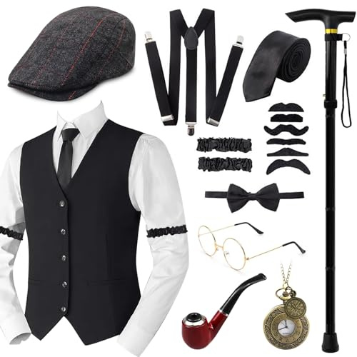 Grantop 1920s Jahre Herren Accessoires, 20er Gangster Kostüm, Herren Accessoires Mafia Gatsby Kostüm Set, Weste Fedora Hut Schnurrbart für Mann Karneval Fasching Halloween Cosplay