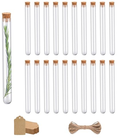 20 tubos de ensayo de cristal de 12 x 120 mm con tapón de corcho (18 ml) + 20 etiquetas Kraft + cuerda de yute | Probetas de laboratorio | Recuerdos de cumpleaños, frasco para caramelos, grageas