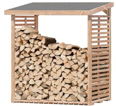 Mega Holz Kaminholzregal wetterfest KAMO L 2,3m³ aus naturbelassenem Lärchenholz mit Dacheindeckung für außen 200x75x200 cm (BxTxH) Brennholzlager Brennholzregal mit Dach Holzunterstand & Holzlager